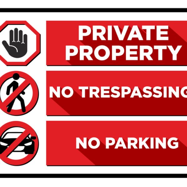 Private property. Prohibited sign restricted area. No trespassing and no parking signs in caution zone. Vector